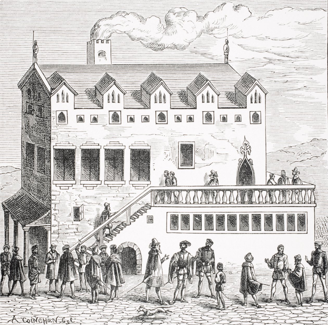 Hotel účetní komory na nádvoří paláce v Paříži podle dřevorytu v „Cosmographie Universelle of Munster“, vydaném v Basileji, 1552, z „Le Moyen Age et La Renaissance“ od P. od Albert Coinchon