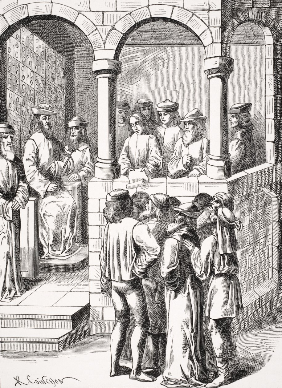 Vyhlášení ediktu podle miniatury v rukopise z 15. století „Ancienettes des Juifs“ z „Le Moyen Age et la Renaissance“ od Paula Lacroixe (1806–84) vydaného v roce 1847 od Albert Coinchon
