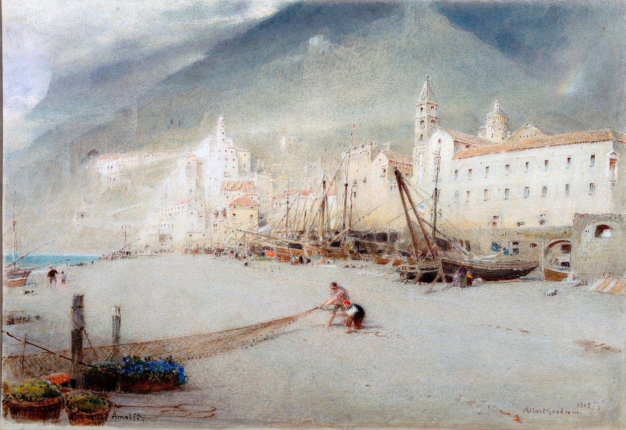 Amalfi (tužka a akvarel na papíře (nalepeno na desce)) od Albert Goodwin