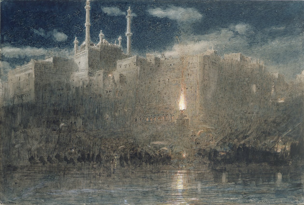 Benares by Moonlight, 1916 (pero a inkoust s wc a tělovou barvou na papíře) od Albert Goodwin