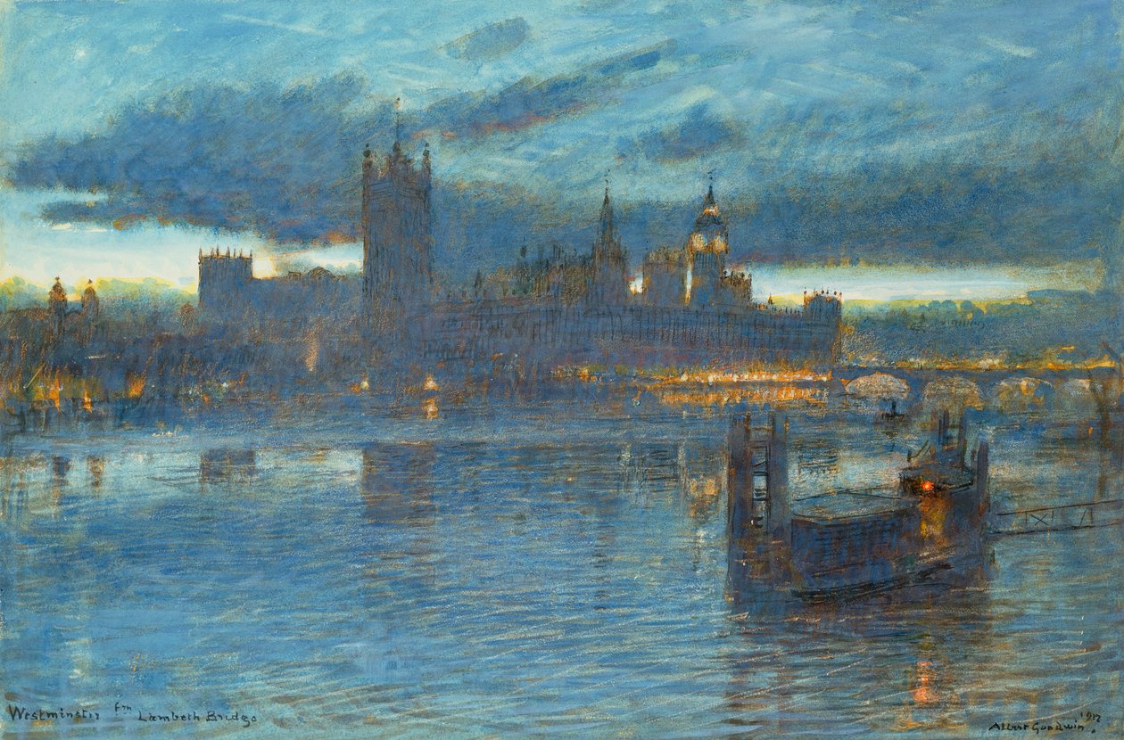 Westminster z Lambeth Bridge, 1912 (pero a inkoust s wc na papíře) od Albert Goodwin