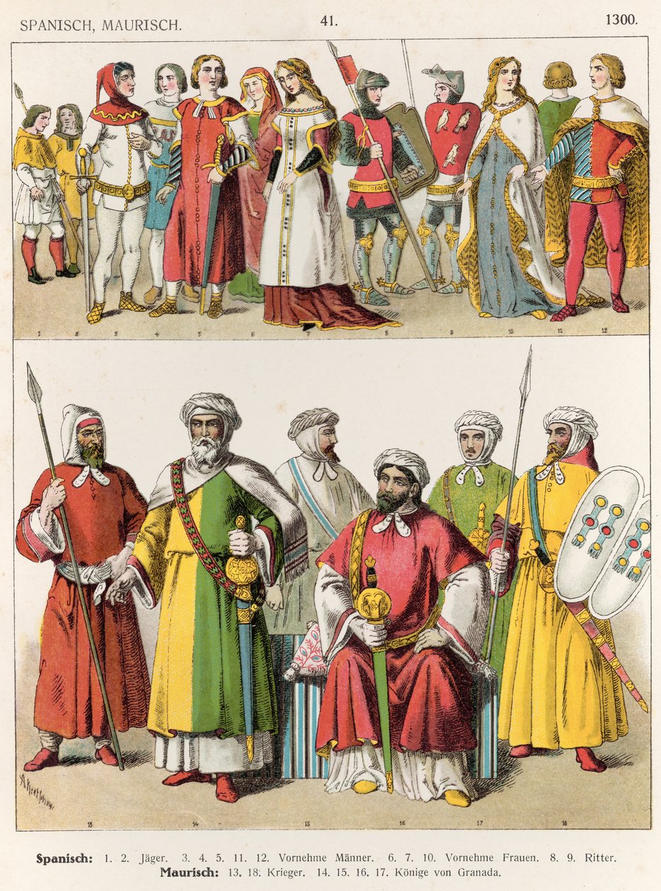 Španělský a maurský oděv, kolem roku 1300, z knihy "Trachten der Voelker", 1864 (kolorovaná litografie) od Albert Kretschmer