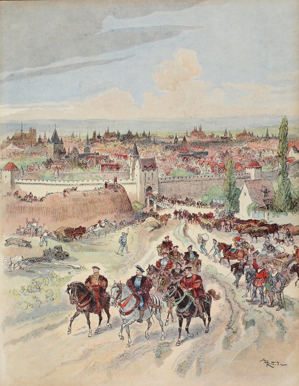 František I. prohlíží dílo na pařížských hradbách, ilustrace z 