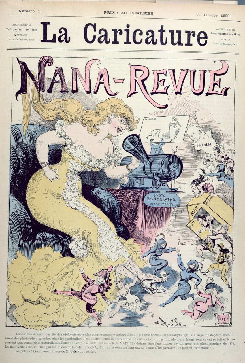 „Nana-Revue“, karikatura děl Emila Zoly a realistických románů, z „La Caricature“, 3. ledna 1880 od Albert Robida