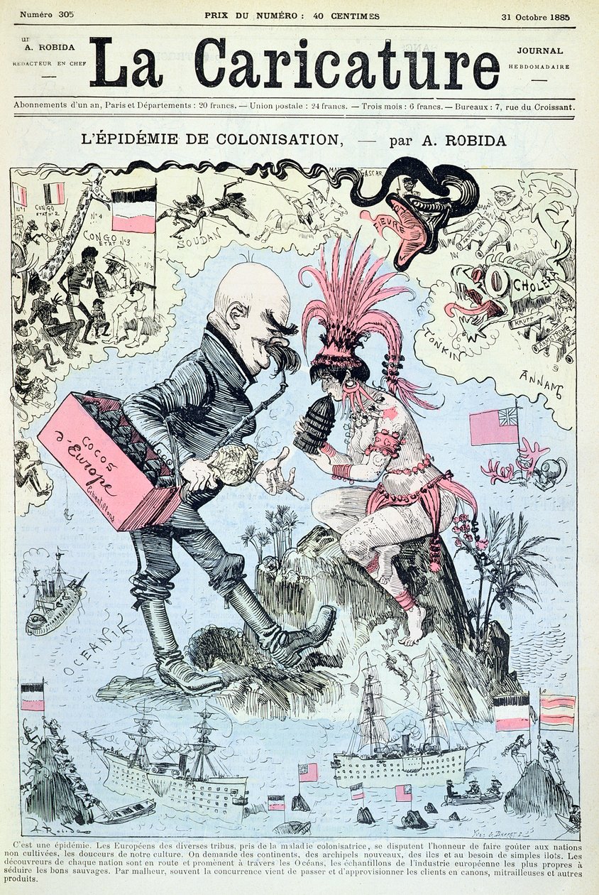 Kolonizační epidemie, z knihy "La Caricature", vyryl Yves und Barret, 31. října 1885 od Albert Robida