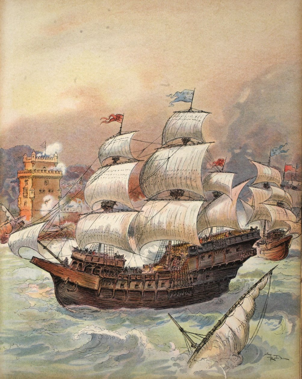 Flotila Jeana Anga blokuje hrozbu Tagus a Lisabonu, ilustrace z 