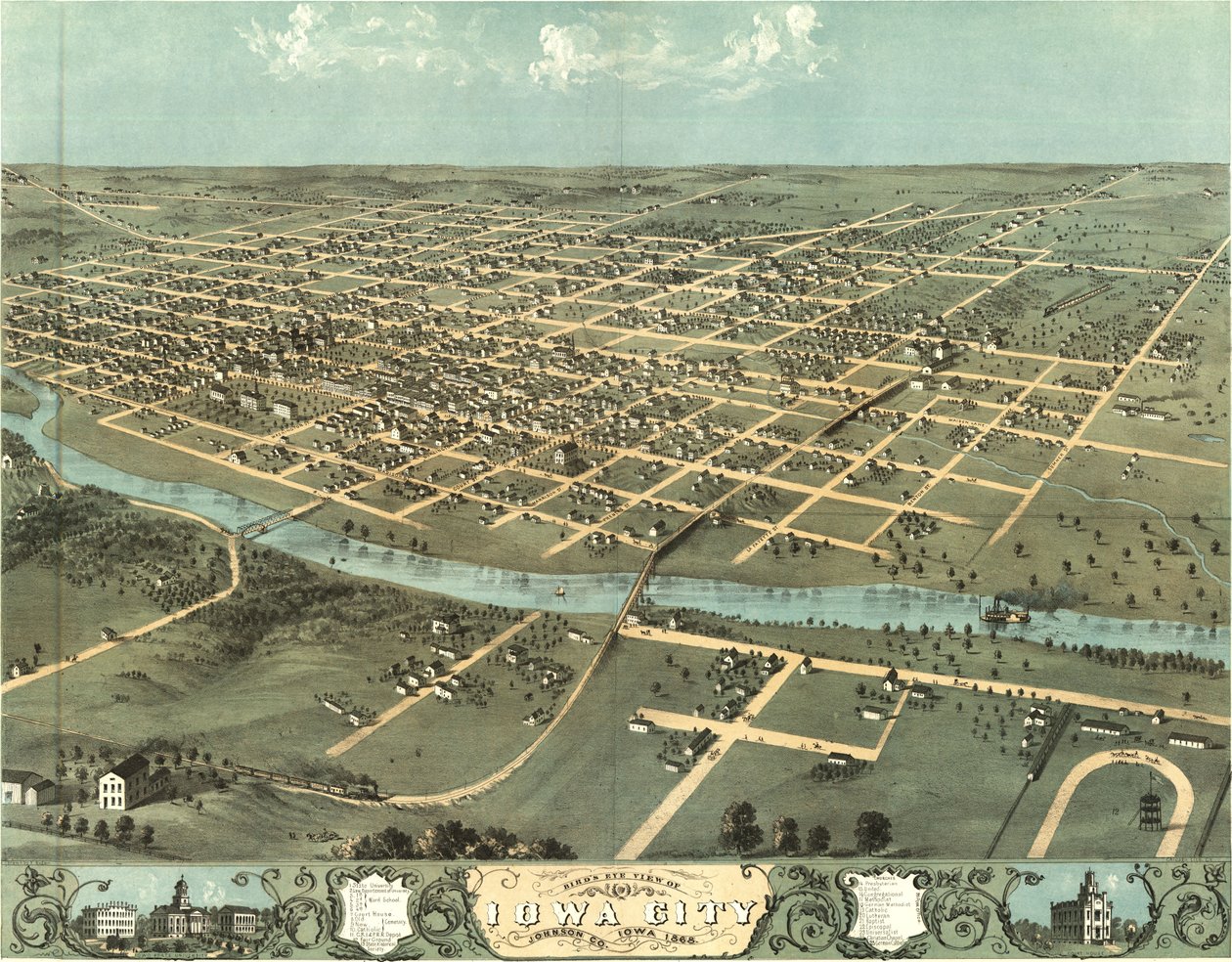 Pohled ptačího oka na Iowa City, Iowa v roce 1868 od Albert Ruger