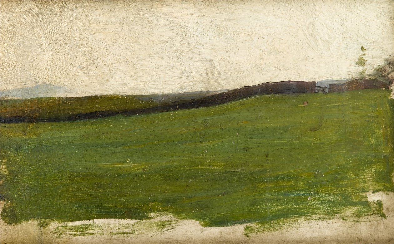 Krajina se zelenou loukou a bránou, kolem roku 1900 (olej na rathbone připraveném uměleckém panelu) od Albert de Belleroche