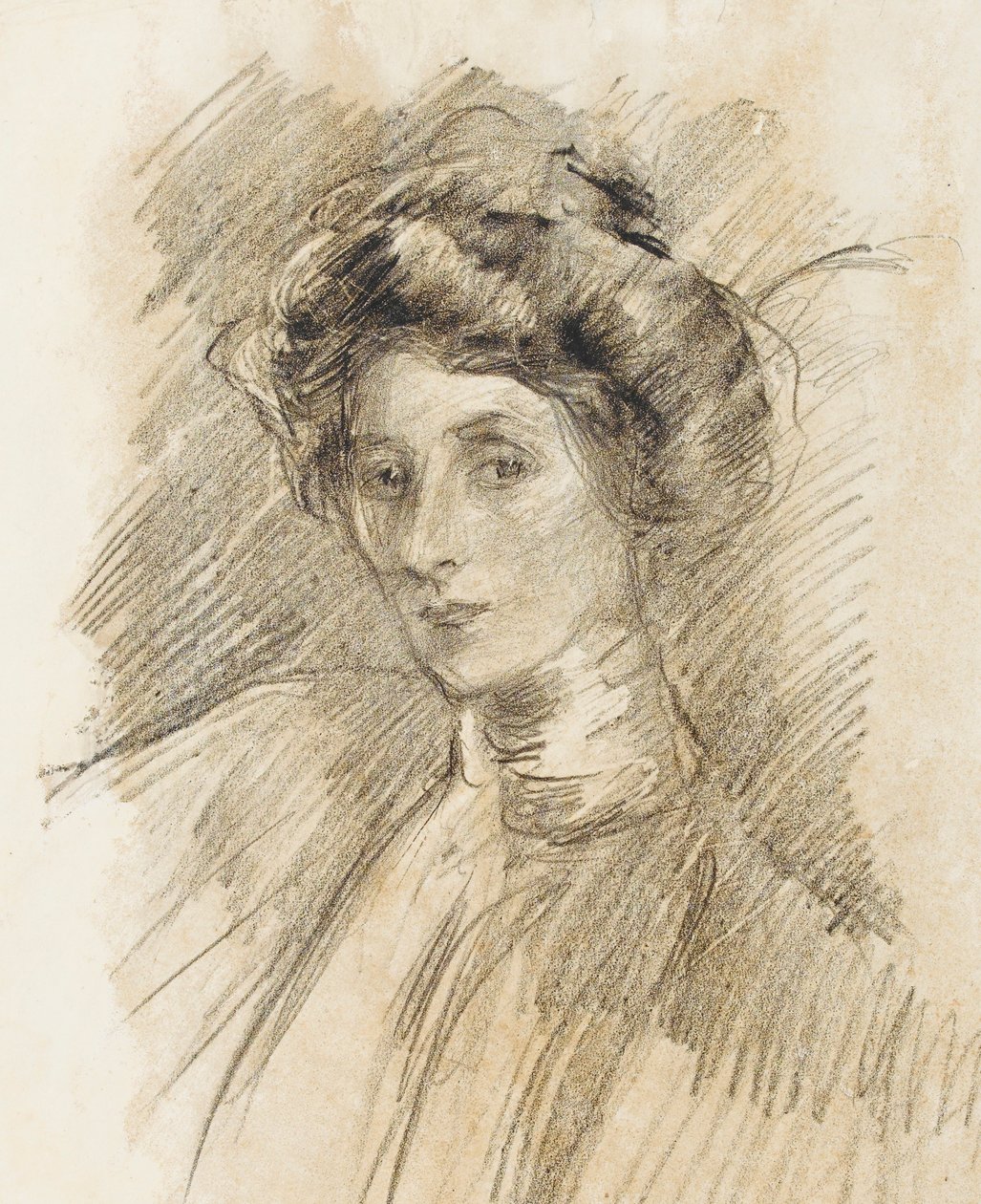 Portrét ženy s vysokým límcem, hlavou a rameny, kolem roku 1905 (litografická pastelka na přenosovém papíře) od Albert de Belleroche