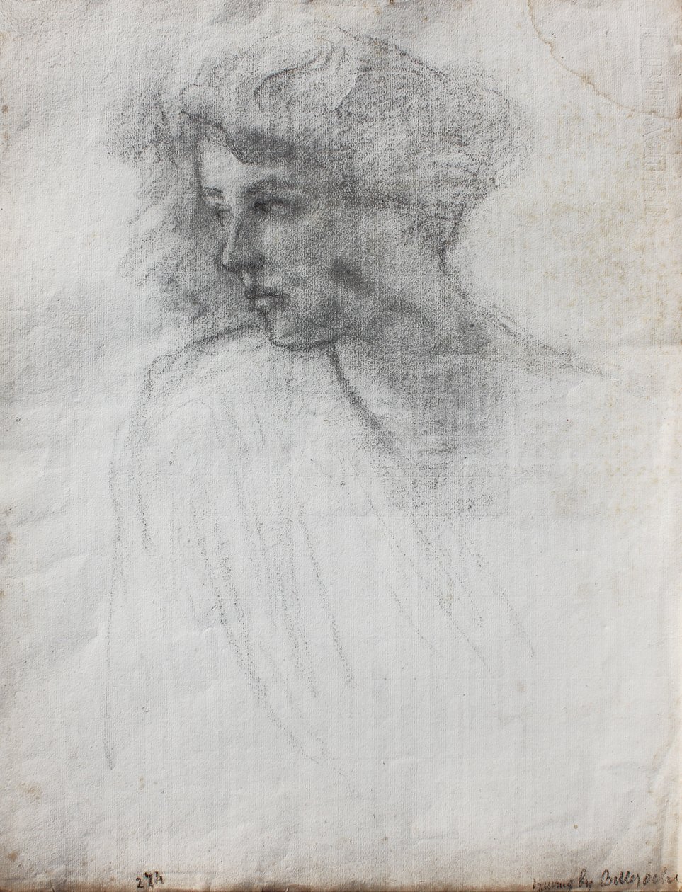 Portrét manželky umělce, hlava a ramena, tříčtvrteční pohled, cca 1905 (černá křída na papíře) od Albert de Belleroche
