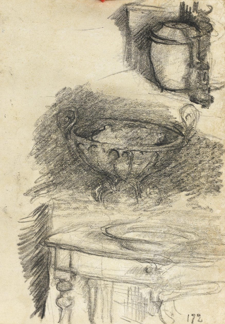Zátiší kuchyňského náčiní, cca 1890 (černá křída na papíře) od Albert de Belleroche