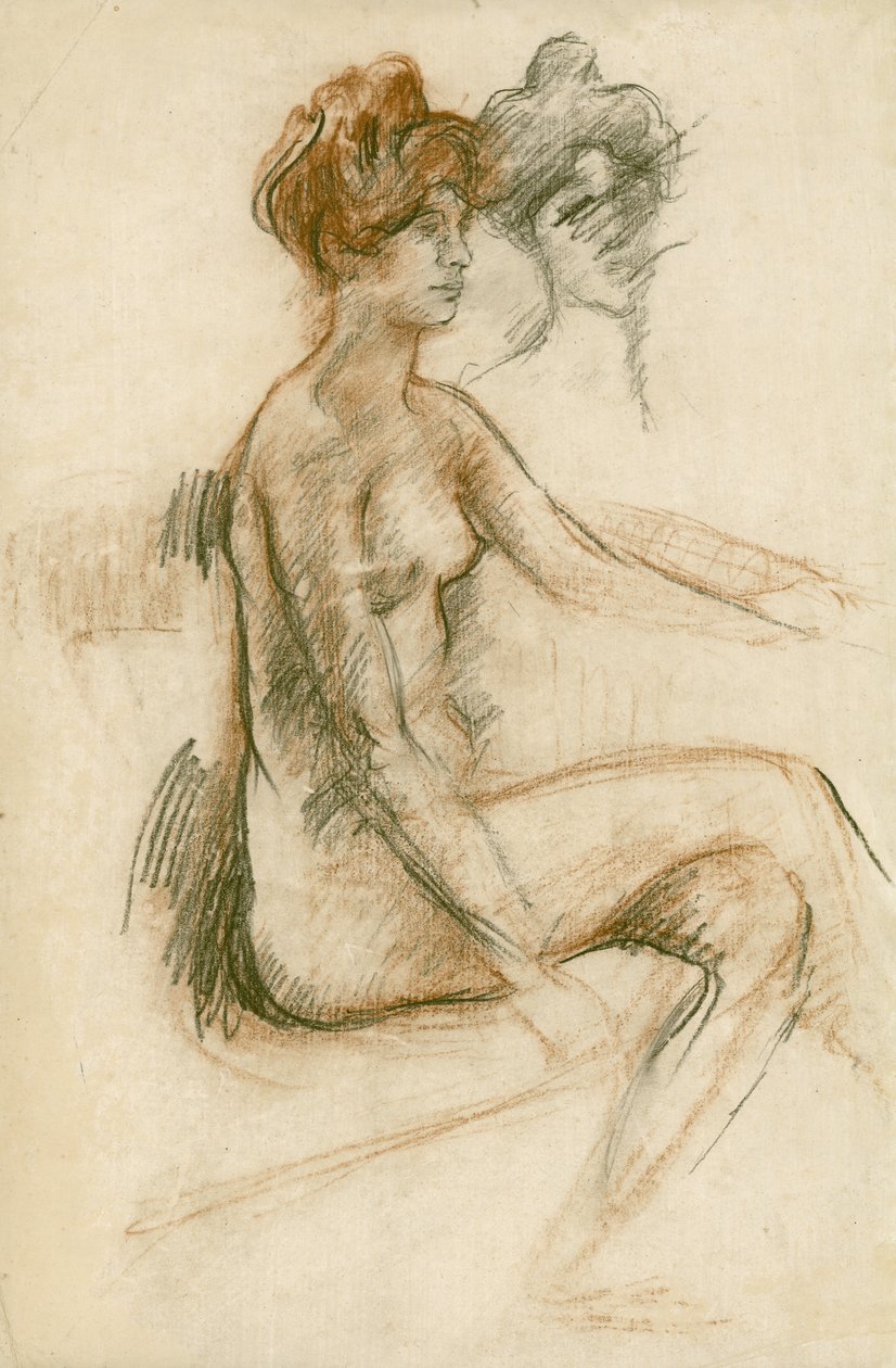 Studie sedícího aktu, vztyčená levá paže, kolem roku 1890 (tužka, uhel a hnědá křída na papíře) od Albert de Belleroche