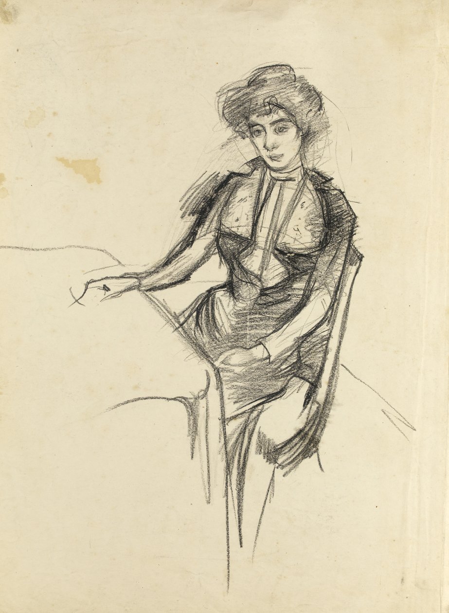 Žena sedící u stolu, cca 1900 (černá křída na papíře) od Albert de Belleroche