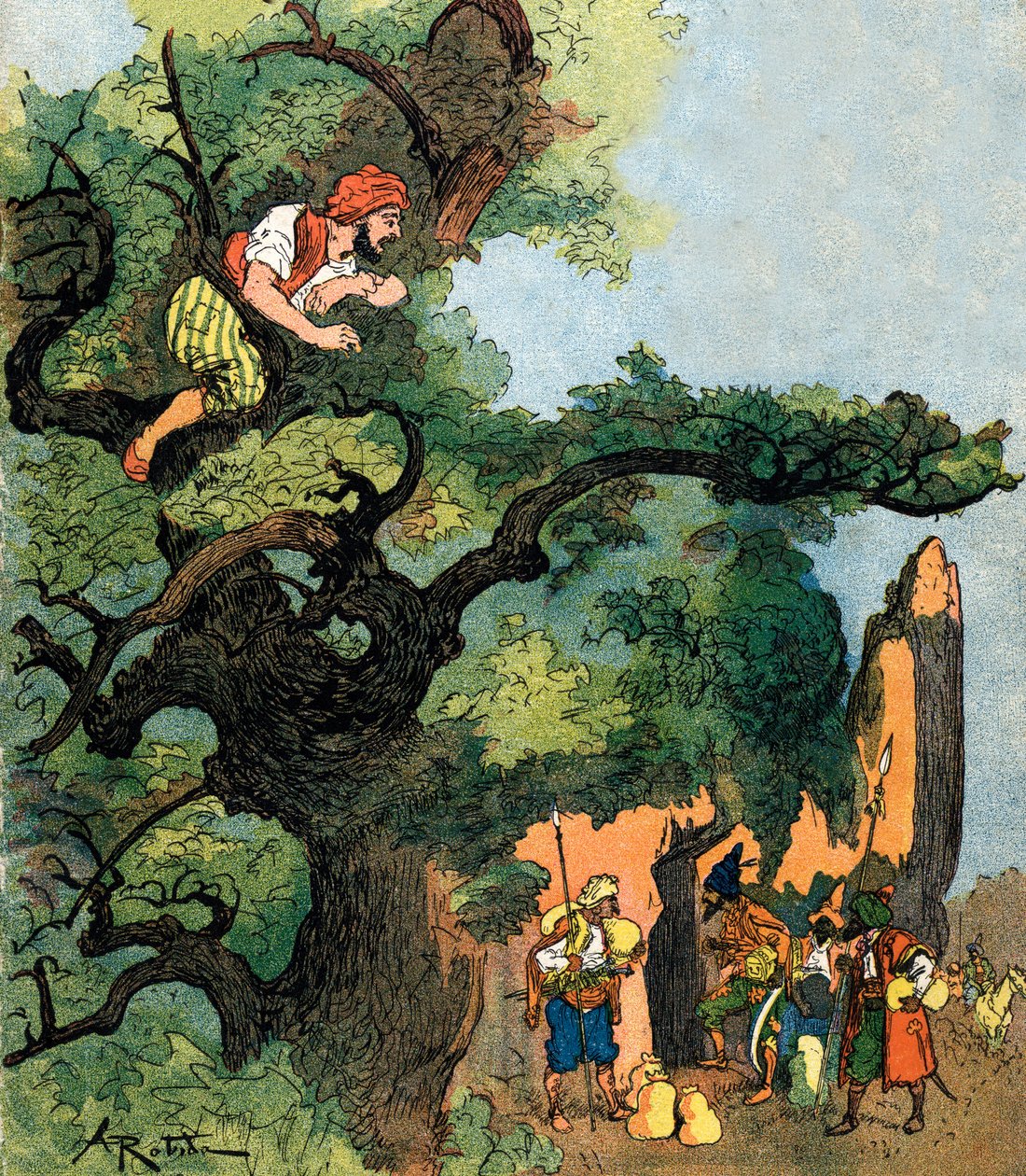 Ali baba zaslechne skupinu čtyřiceti zlodějů navštěvujících jejich pokladnici Ilustrace Albert Robida pro Ali Baba and the Fourty Thieves Soukromá sbírka z roku 1945 od Albert (after) Robida