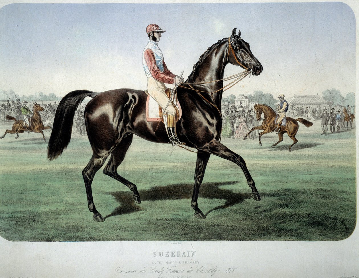 Závody: „Suzerain, vítěz derby v Chantilly v roce 1868““ Litografie Alberta Adama (1833-?) Soukromá sbírka od Albert Adam