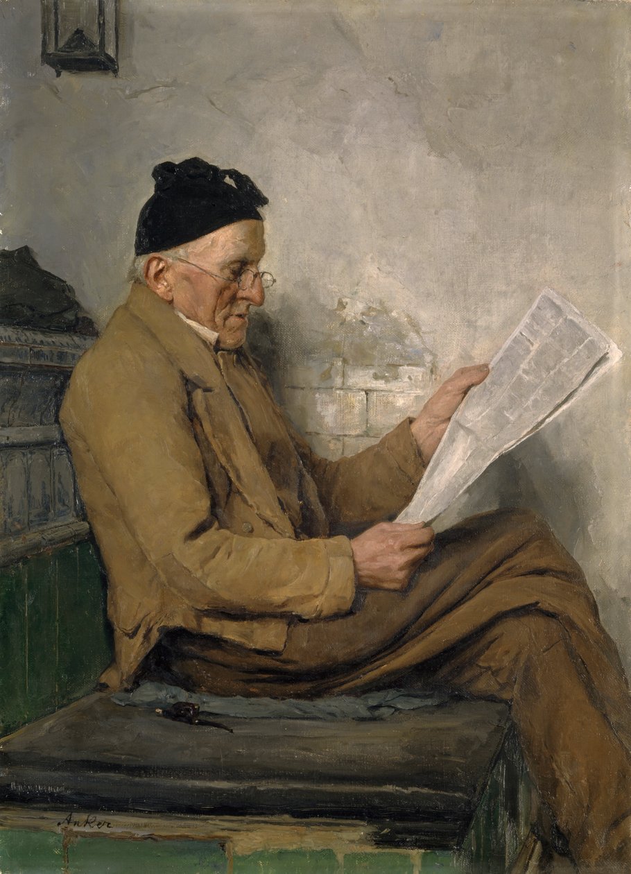 Farmářské čtení na lavičce u sporáku od Albert Anker