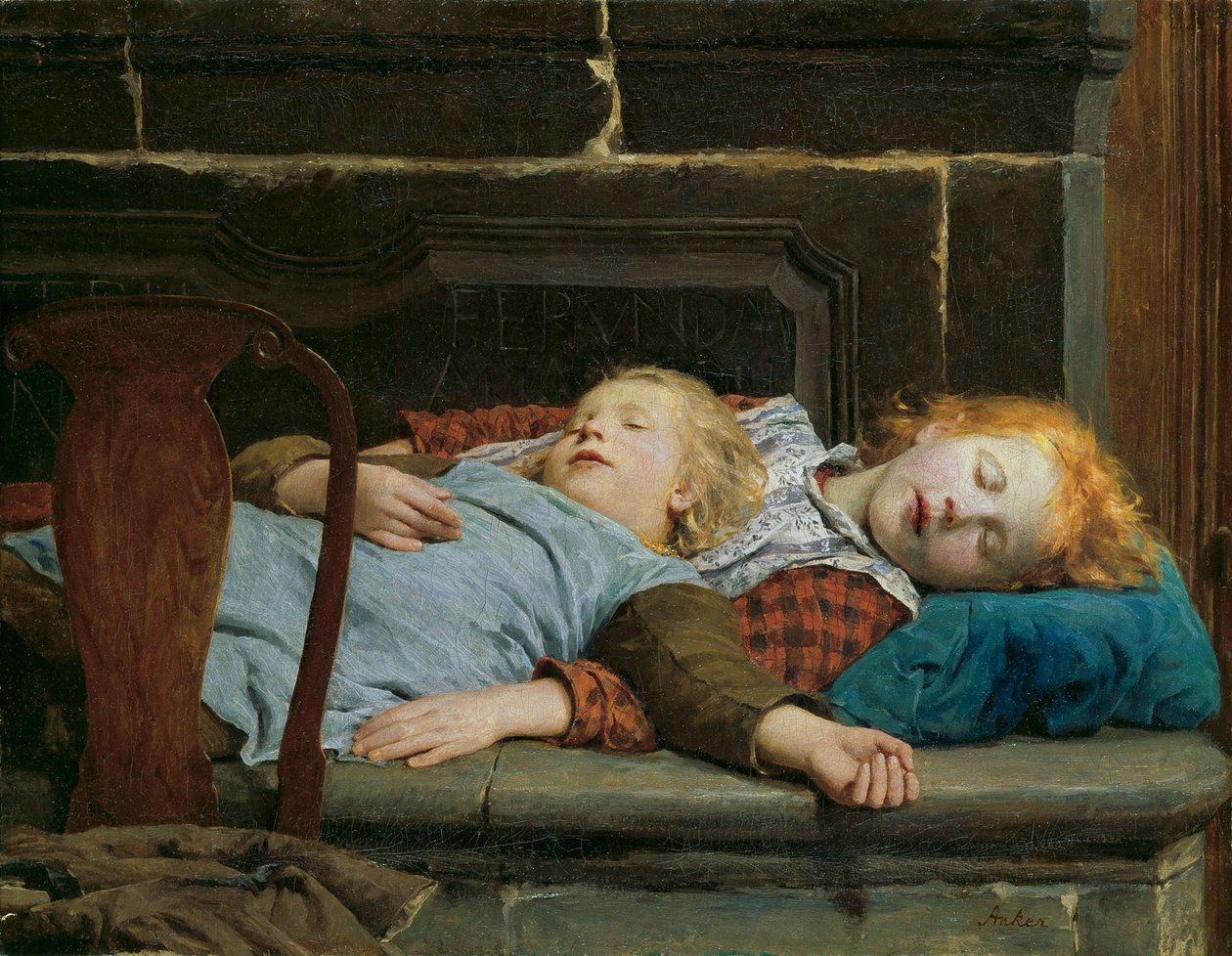 Dvě spící dívky na lavici kamen od Ankera, Alberta (1831-1910). Olej na plátně od Albert Anker