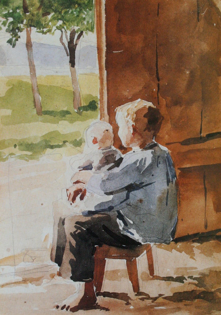 Mladý chlapec nesoucí na klíně dítě od Albert Anker