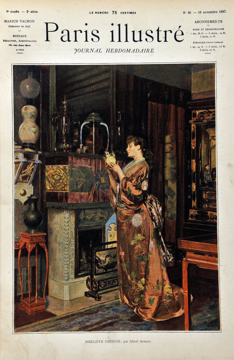 Čínské cetky Evropanka oblečená v Orientale pozoruje svůj výběr čínských předmětů. Ilustrace Albert Aublet (1851-1938). Rytina z roku 1887 v týdeníku Paris-Illustrous journal. od Albert Aublet