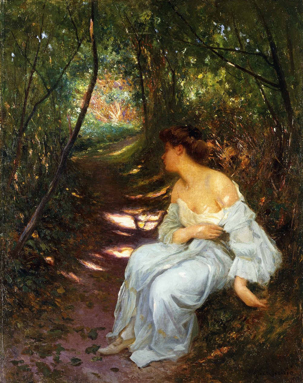 Mladá žena sedící na zalesněné cestě, 1908 od Albert Auguste Fourie
