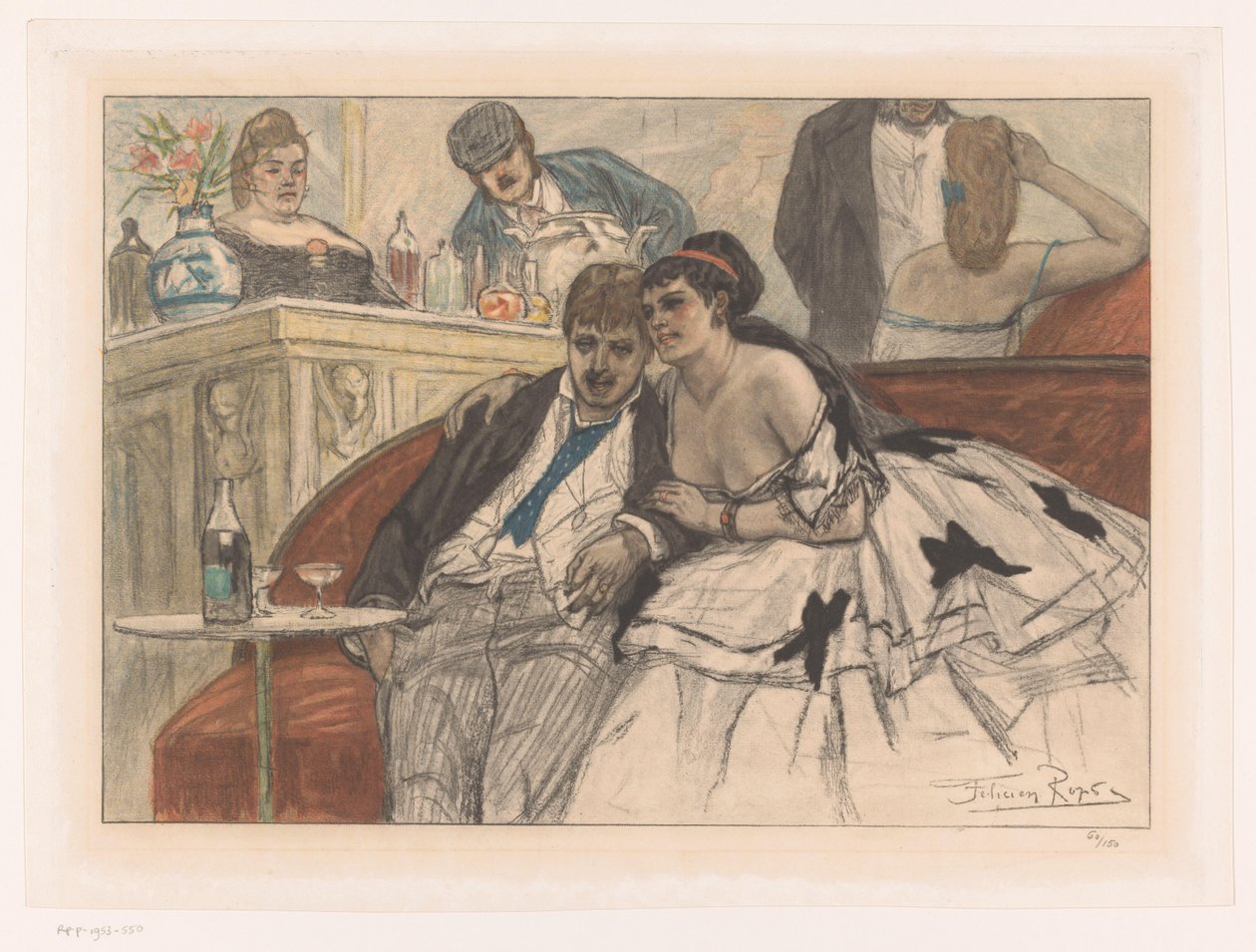 Muž a žena sedí na červené pohovce v baru divadla Le gandin ivre od Albert Bertrand (attributed to)