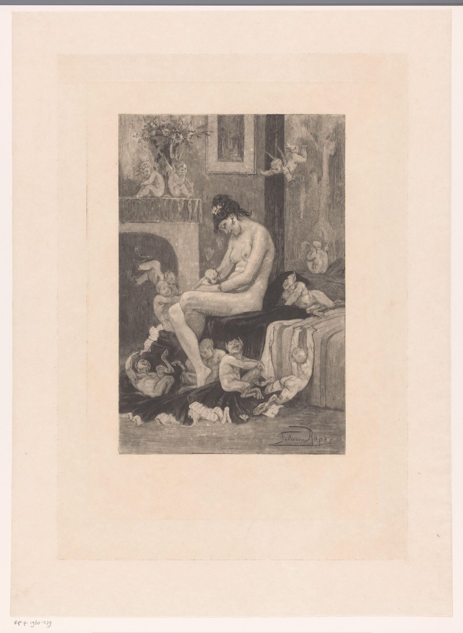 Nahá žena na okraji postele obklopená démony ve hře La Mere aux Satyrions od Albert Bertrand (attributed to)
