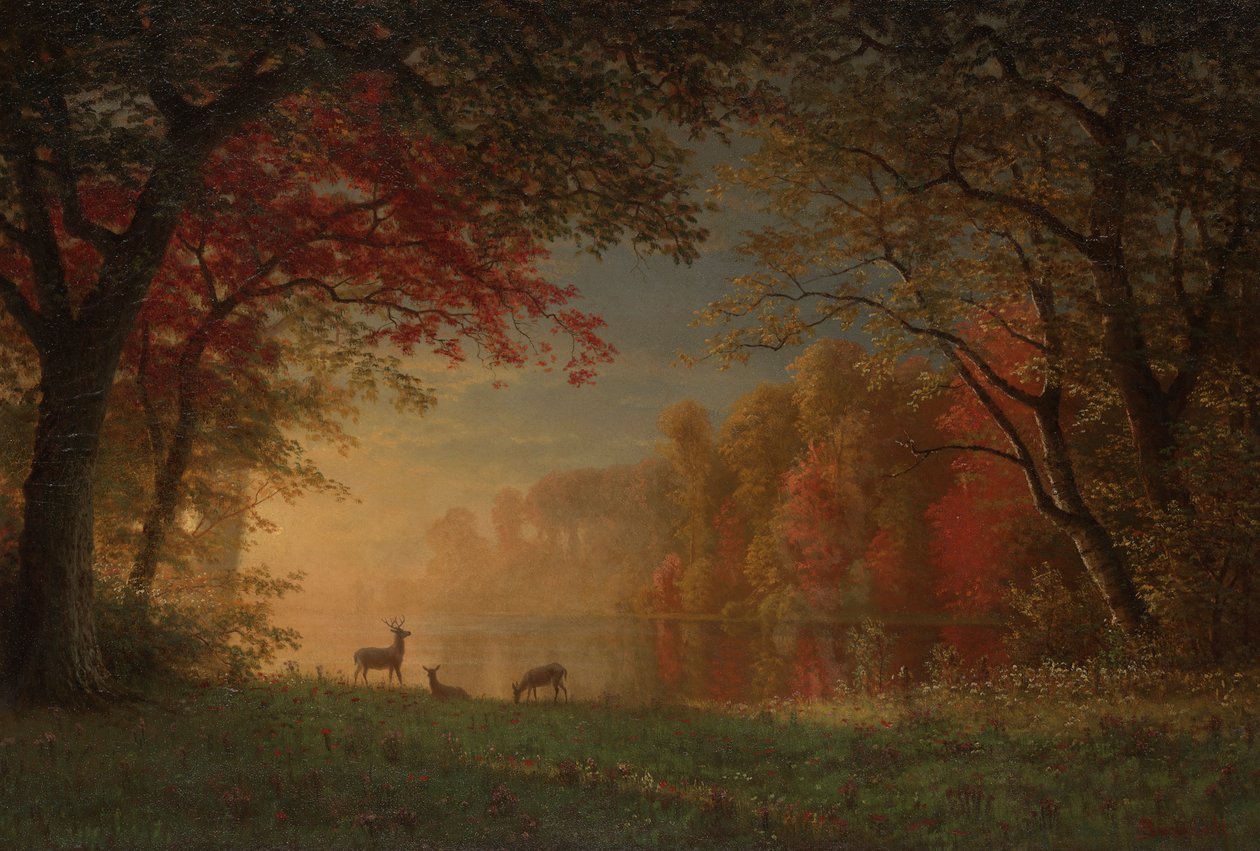 Indický západ slunce: Jelen u jezera od Albert Bierstadt