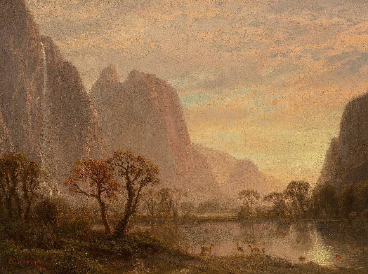 Vodopády Sentinel a Cathedral Peaks v Yosemitském údolí od Albert Bierstadt