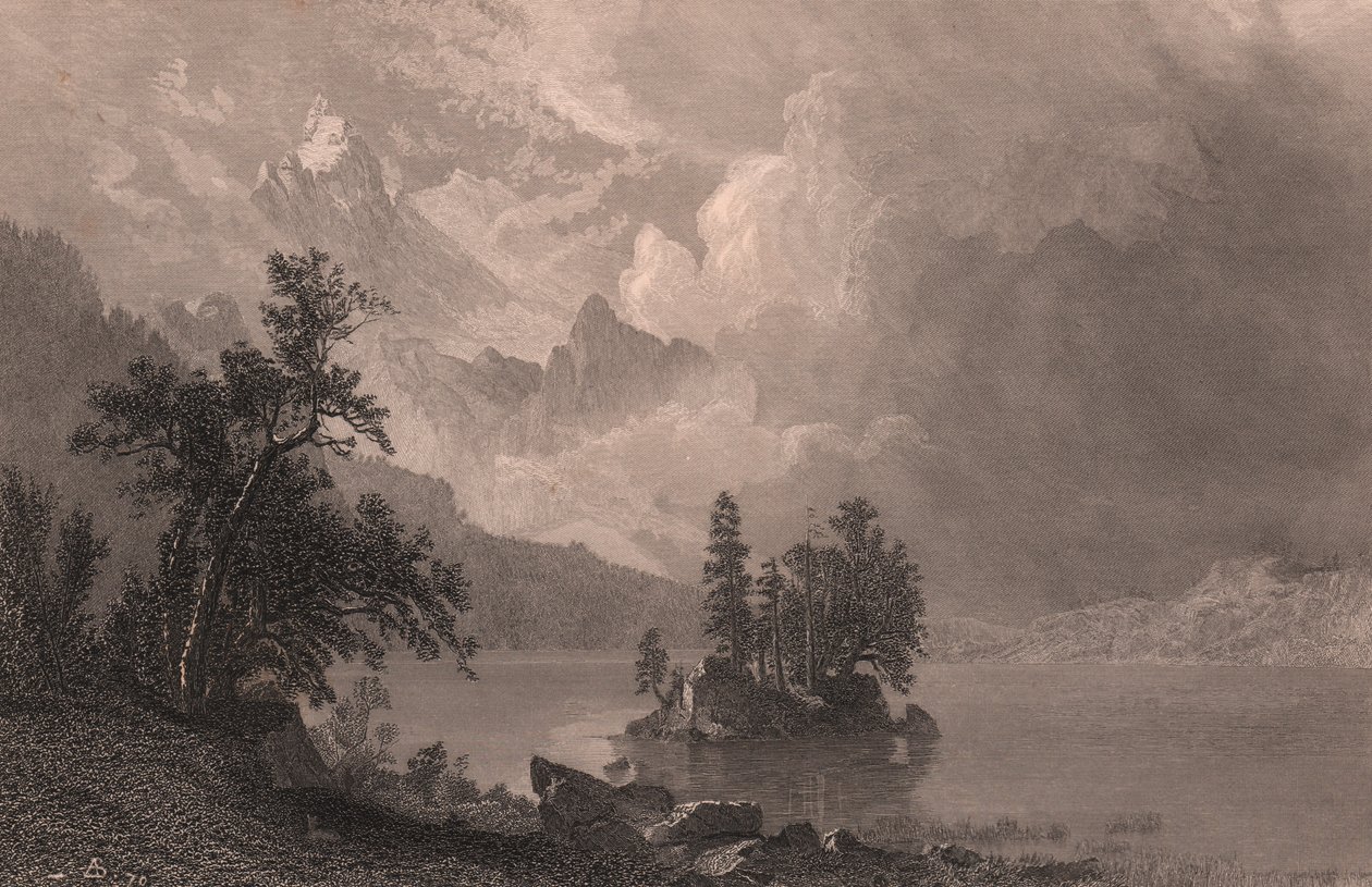 Pohled na jezero Esther, Sierra Nevada, Kalifornie, Spojené státy americké, ocelorytina od Roberta Hinshelwooda (1812-po 1875) podle malby Alberta Bierstadta (1830-1902), cca 19x14 cm od Albert Bierstadt