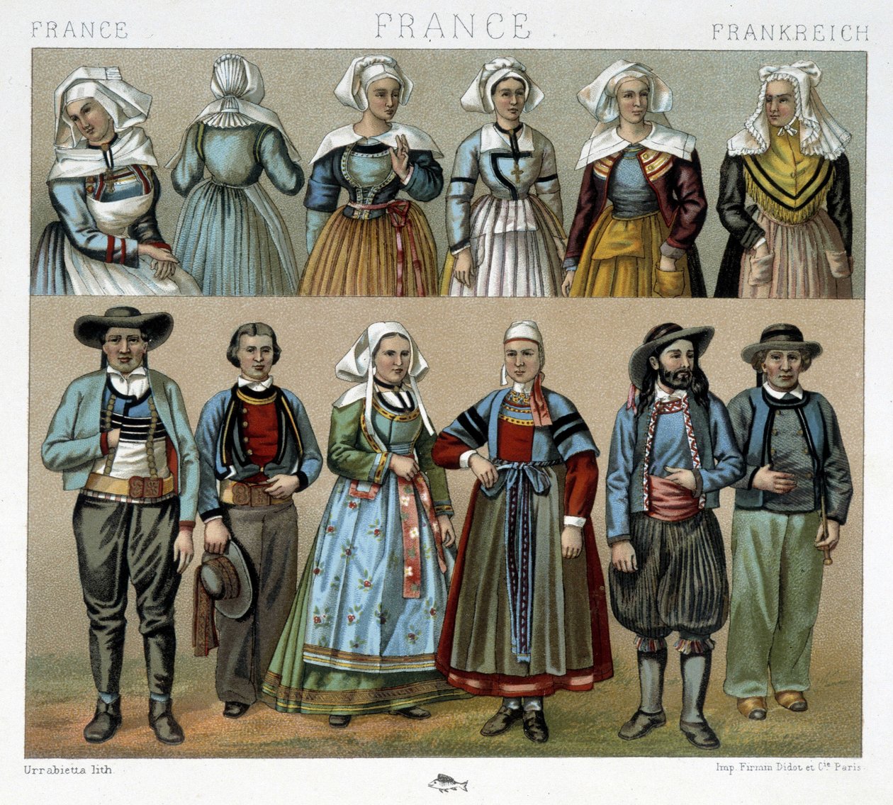 Bretonské kostýmy z 19. století – v „“Le Kostým ancien et historique““ od Racineta od Albert Charles August Racinet