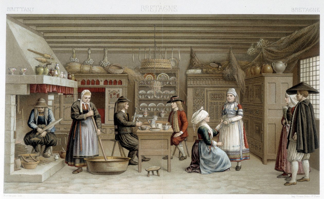 Bretaňské kostýmy a interiér z 19. století – v „Le Kostým ancien et historique““ od Racineta od Albert Charles August Racinet