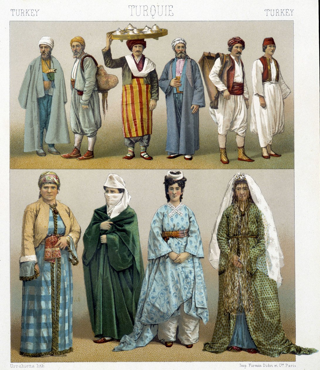 Turecké kroje z 19. století. Ilustrace v „Le Kostým historique““ od Racinet od Albert Charles August Racinet