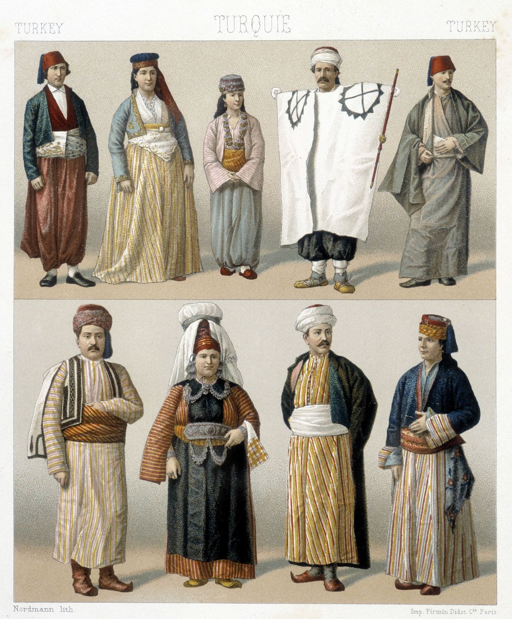 Turecké kostýmy z 19. století. Ilustrace v „Le Kostým historique““ od Racinet od Albert Charles August Racinet