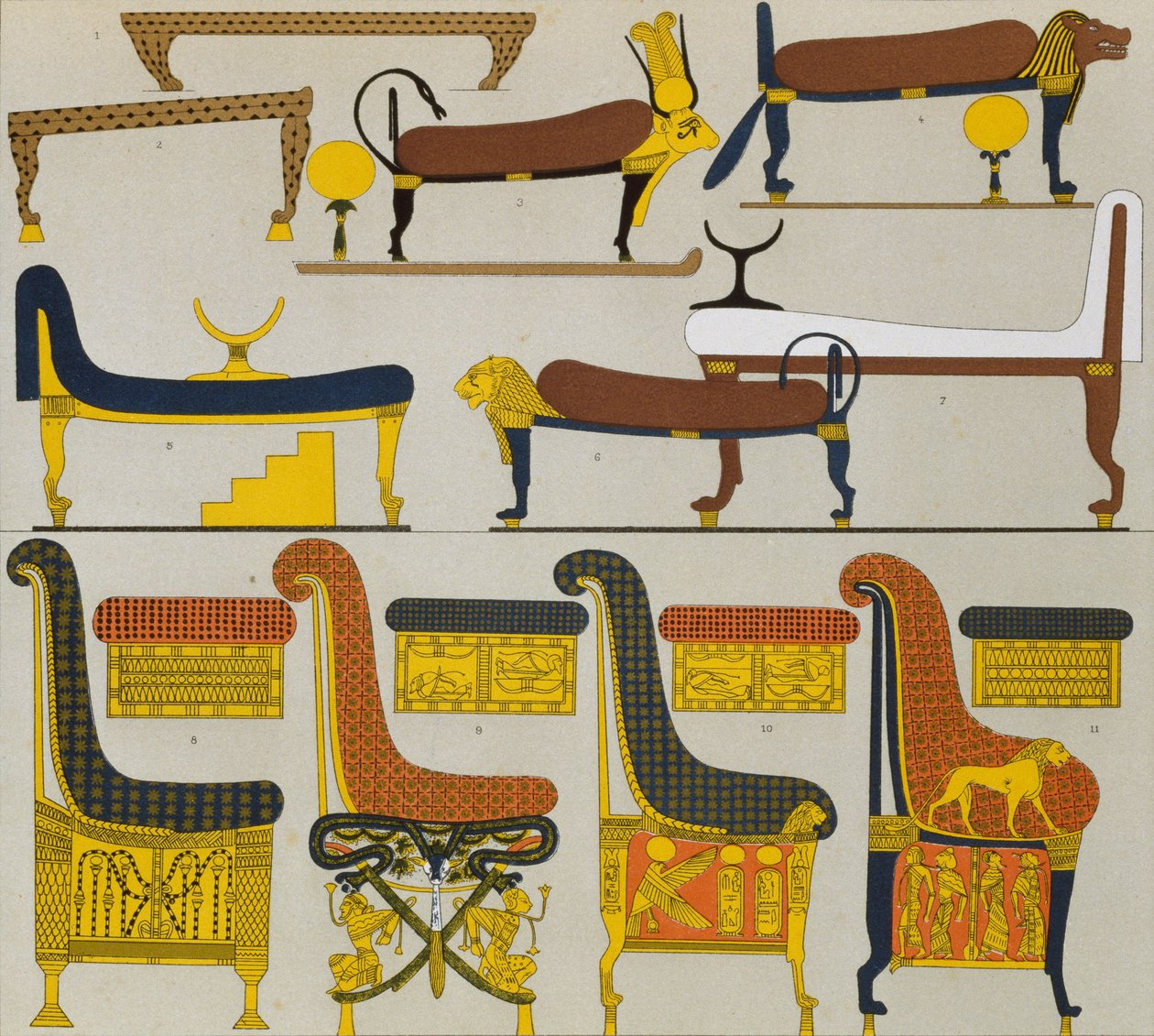 Starověký egyptský nábytek, litografie Spiegel, z Le Costume Historique (Historie kostýmů), svazek II, Auguste Racinet od Albert Charles August Racinet
