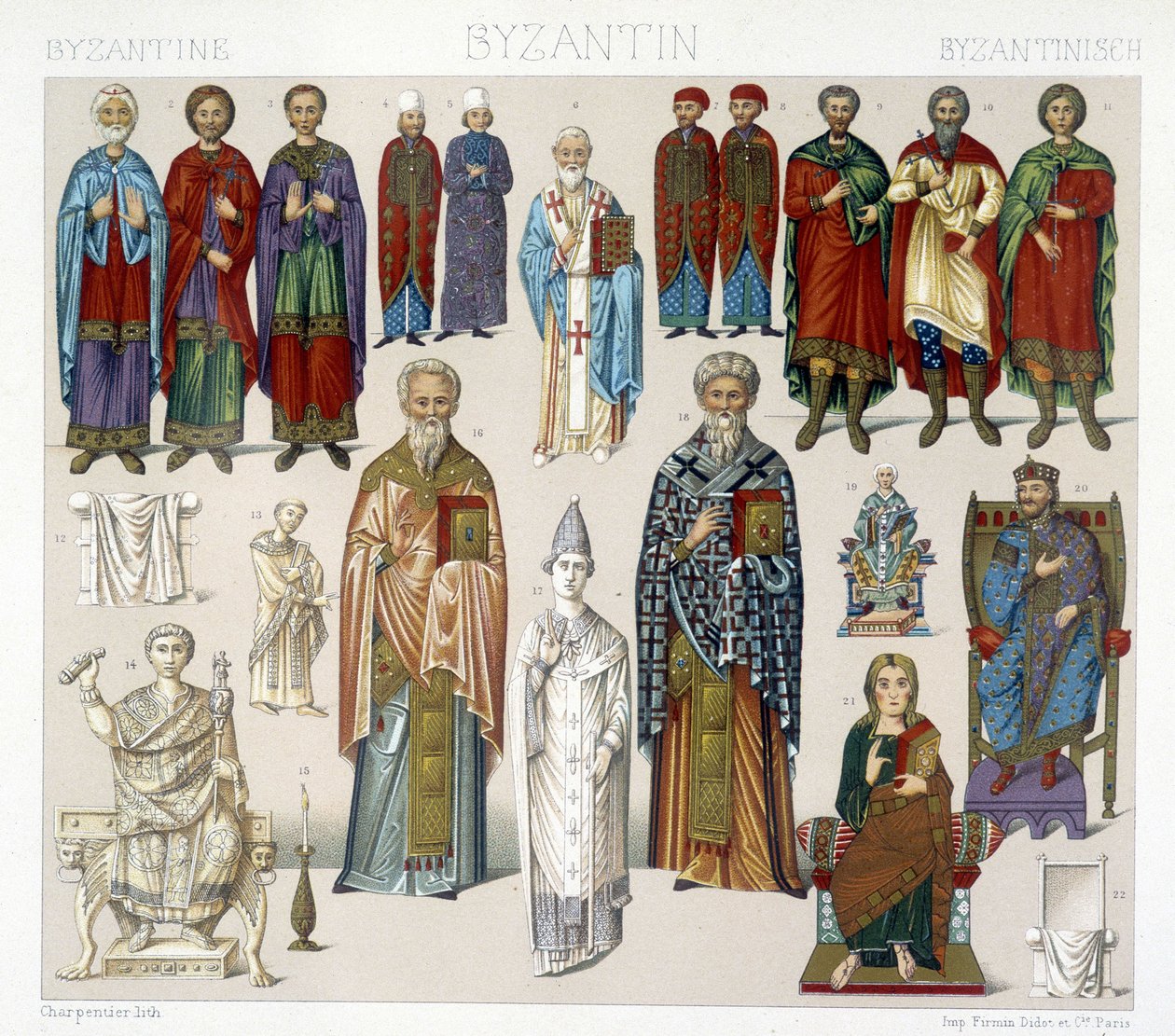 Byzantské kostýmy. Ilustrace v „Historickém kostýmu“ od Racinet od Albert Charles August Racinet