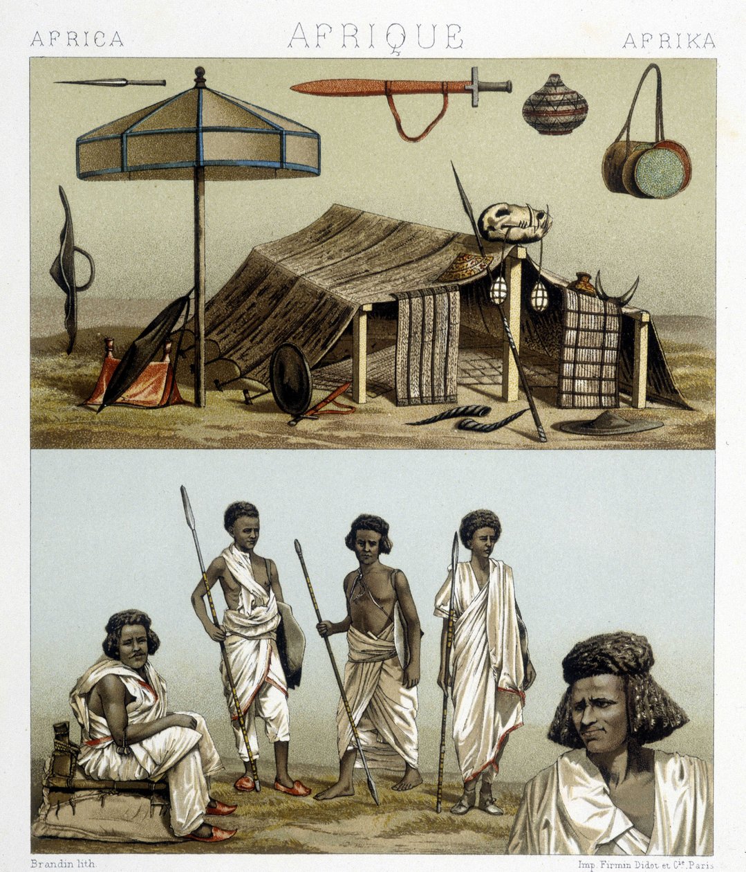 Tábor a tradiční oblečení z Núbie. Ilustrace v „“Le Kostým historique““ od Racinet od Albert Charles August Racinet