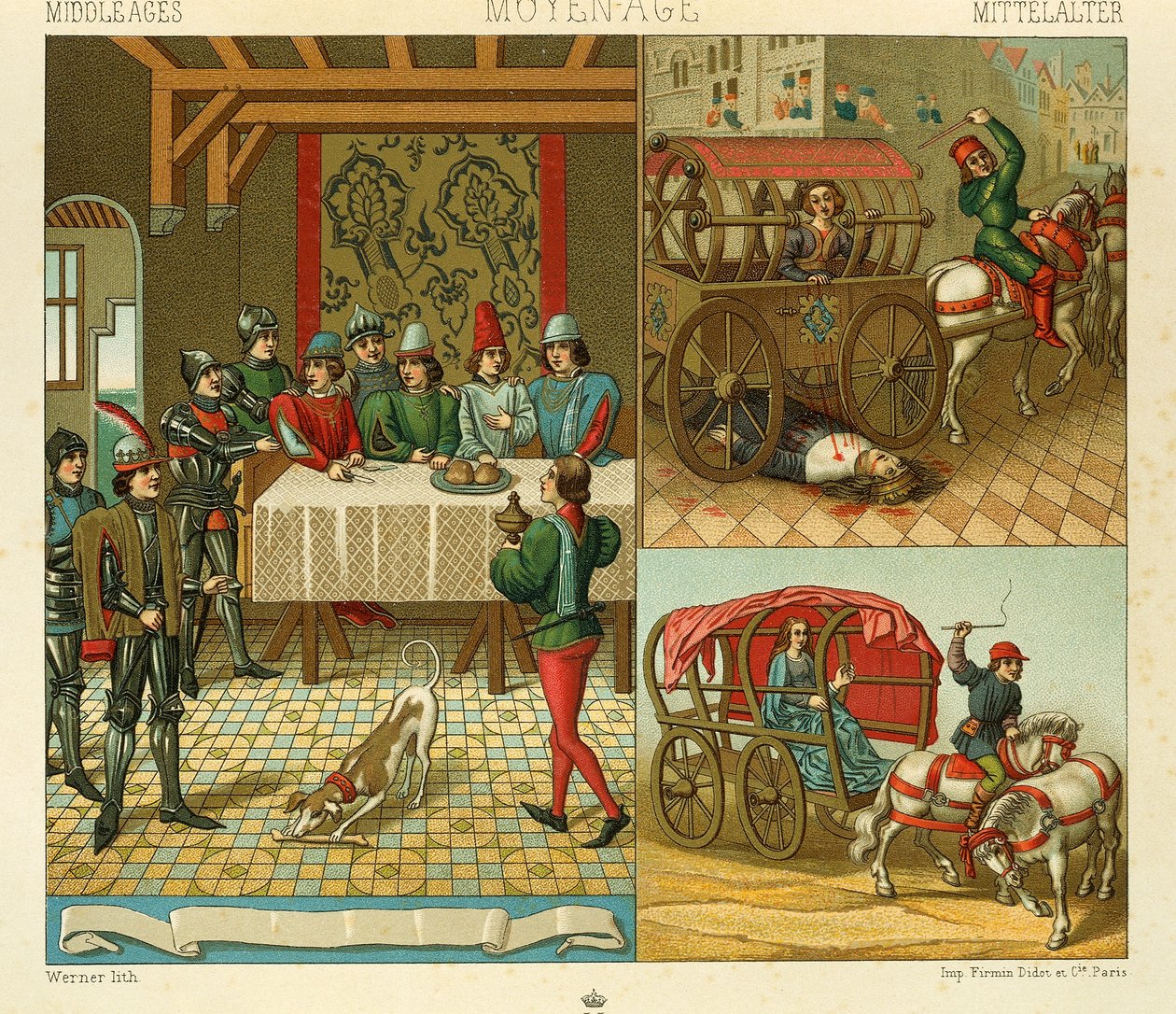 Hradní život a dopravní prostředky ve 14., ilustrace z Úplné historie kostýmů od Racinet Auguste od Albert Charles August Racinet