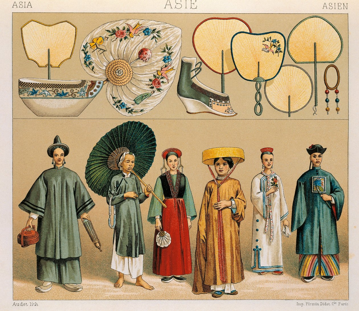 Oděvy čínských žen a oblasti Tartarie, ilustrace z kompletní historie kostýmů od Auguste Racinet od Albert Charles August Racinet