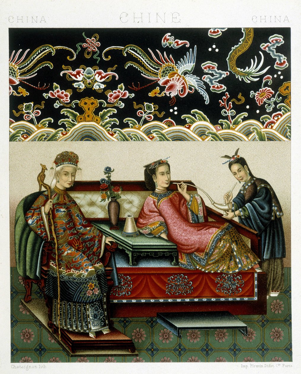Kostým Chinese Impress. Chromolitografická deska - v „“Le Kostým historique““ od Racinet od Albert Charles August Racinet