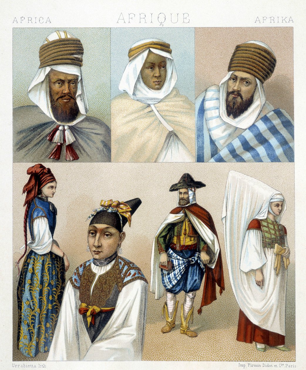 Kostýmy a účesy z Alžírska. Ilustrace v „“Le Kostým historique““ od Racinet od Albert Charles August Racinet