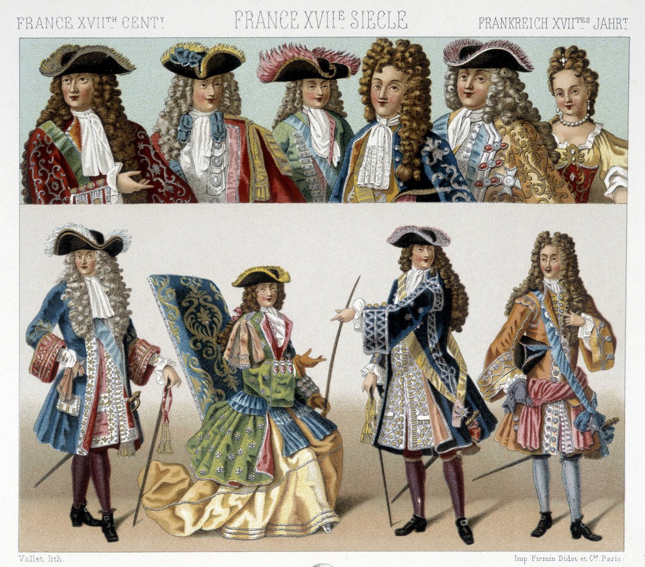 Kostýmy a účesy francouzské šlechty v 18. století. Ilustrace v „“Le Kostým historique““ od Racinet od Albert Charles August Racinet