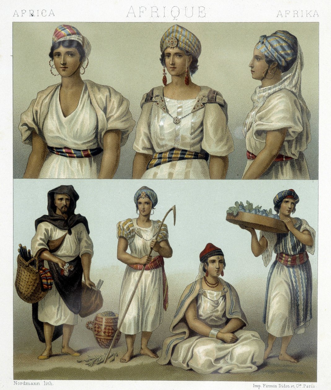 Kostýmy a pokrývky hlavy kabylských žen (nahoře). Tuniské a alžírské kostýmy (dole). Ilustrace v „“Le Kostým historique““ od Racinet od Albert Charles August Racinet