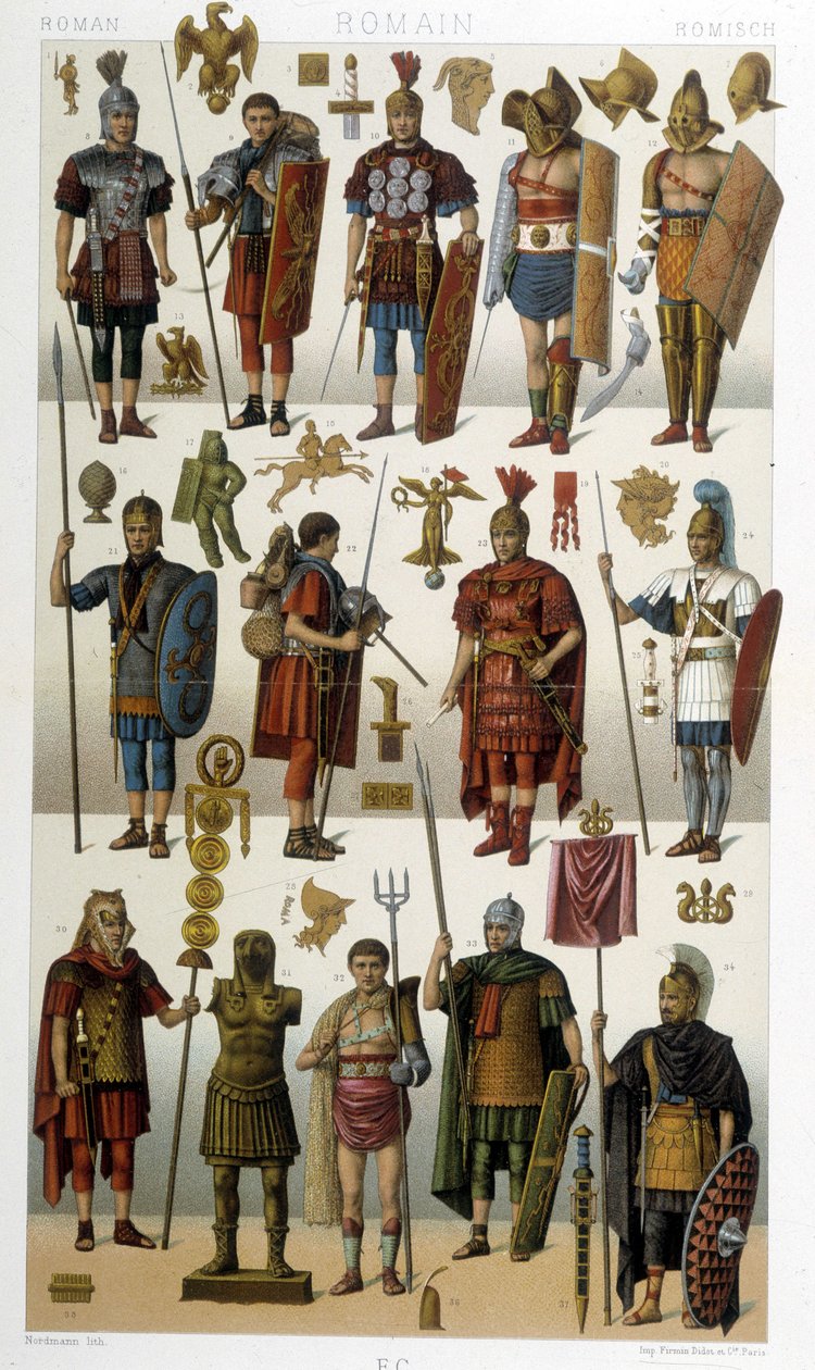 Kostýmy, brnění a zbraně římských vojáků, válečníků a gladiátorů starověku - v „historickém kostýmu““ od Racinet od Albert Charles August Racinet
