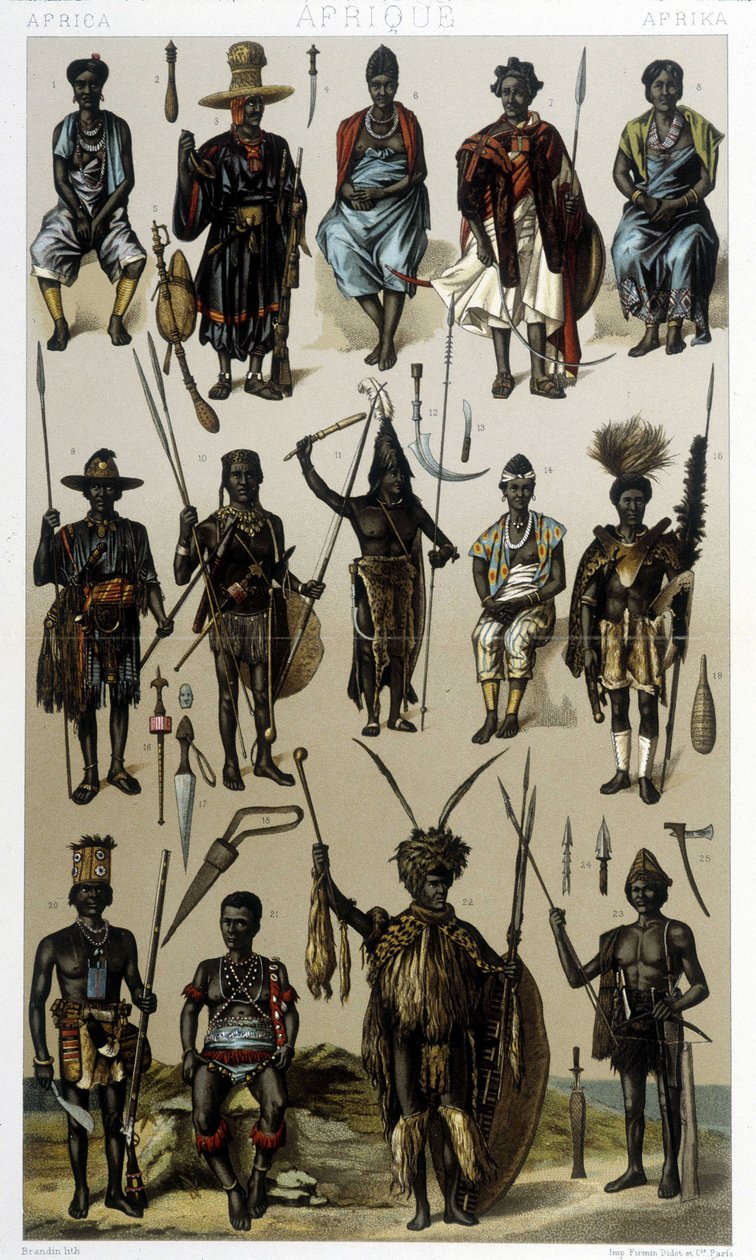 Kostýmy Guineje, Senegalu a Gabonu. Ilustrace v „Le Kostým historique““ od Racinet od Albert Charles August Racinet