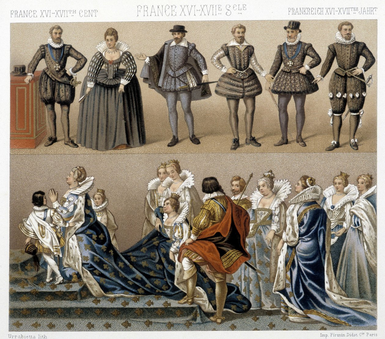 Kostýmy francouzské královny Marguerite (dole) a Jindřicha IV. (nahoře) v 17. a 18. století. Ilustrace v „“Le Kostým historique““ od Racinet od Albert Charles August Racinet