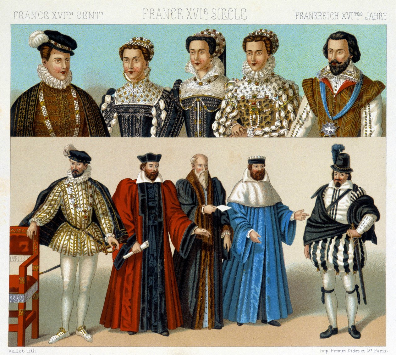 Kostýmy šlechticů a rychtářů ve Francii v 17. století. Chromolitografická deska - v „“Le Kostým historique““ od Racinet od Albert Charles August Racinet