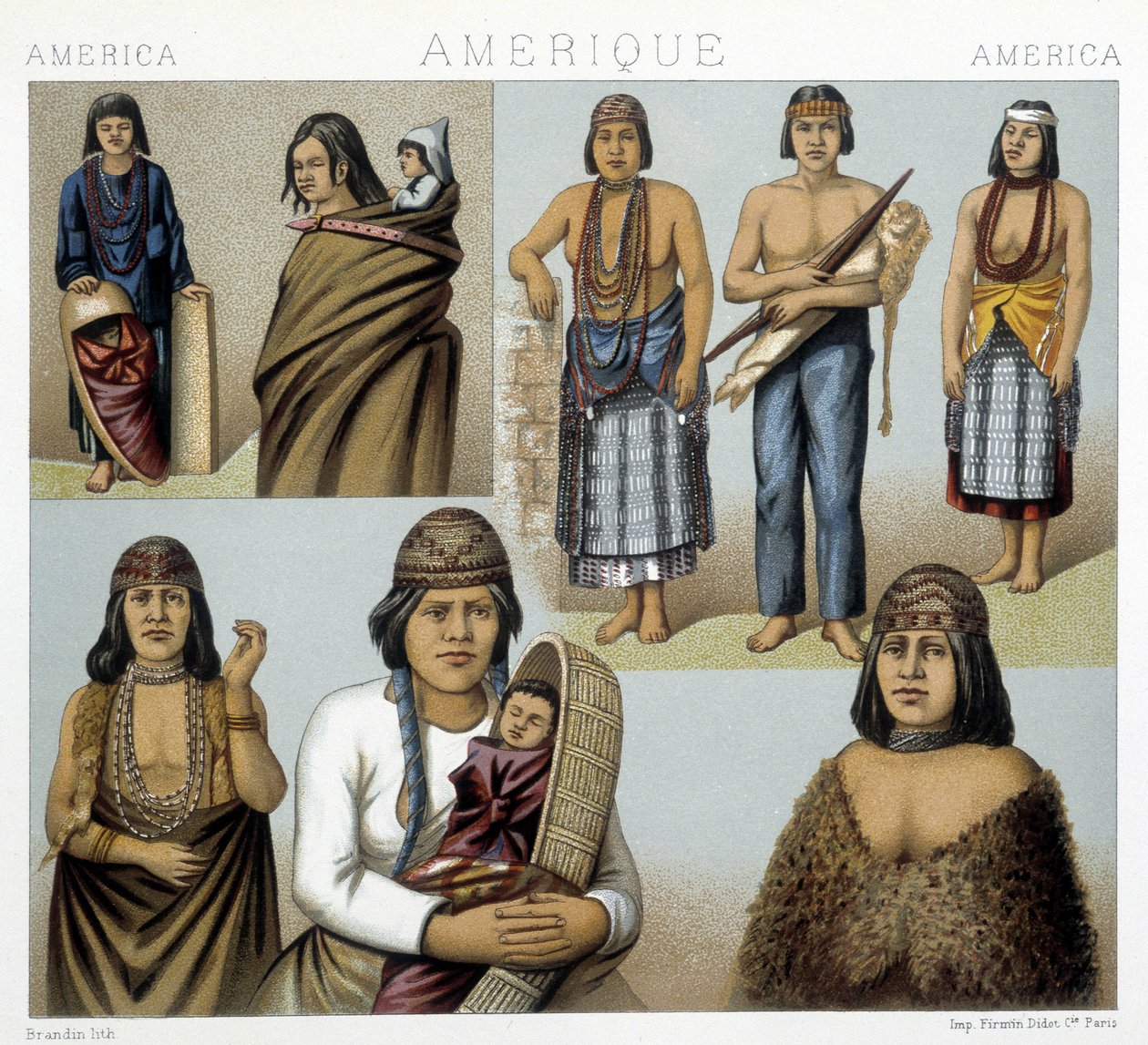 Kostýmy kalifornských indiánů. Ilustrace v „Historickém kostýmu“ od Racinet od Albert Charles August Racinet