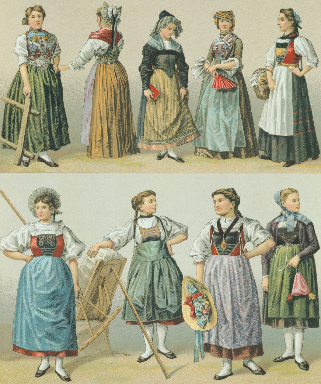 Kostýmy kantonů, ilustrace z The Complete Costume History od Racinet Auguste od Albert Charles August Racinet