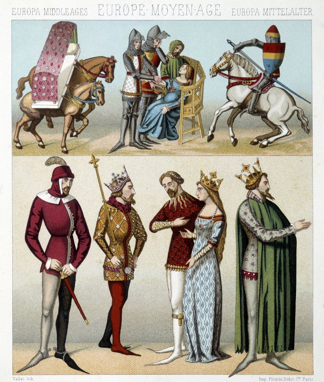 Středověké kostýmy ve Francii. Ilustrace v „Le Kostým historique““ od Racinet od Albert Charles August Racinet
