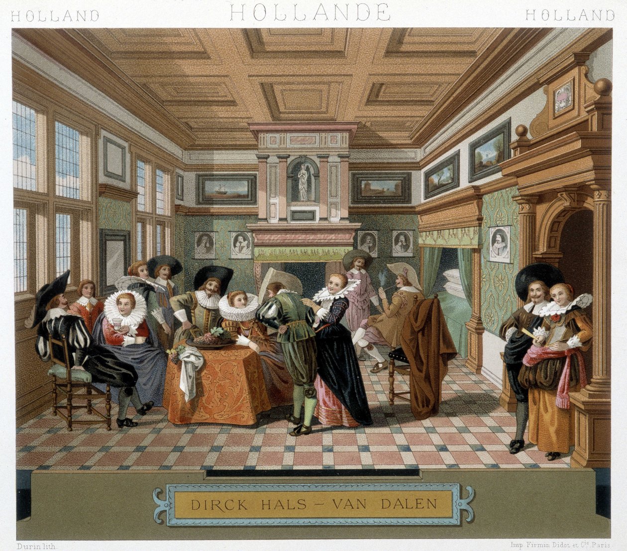 Holanďané v kostýmech a v interiéru z 18. století. Ilustrace v „“Le Kostým historique““ od Racinet od Albert Charles August Racinet